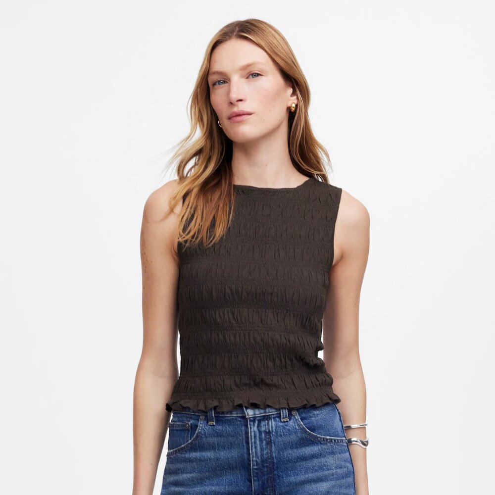 Smocked Boatneck Tank | Madewell | Soft Charcoal | L